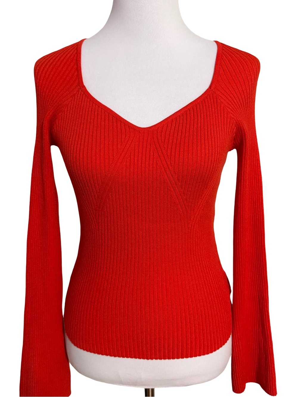 Pink Rose Red Ribbed V-Neck Knit Top
